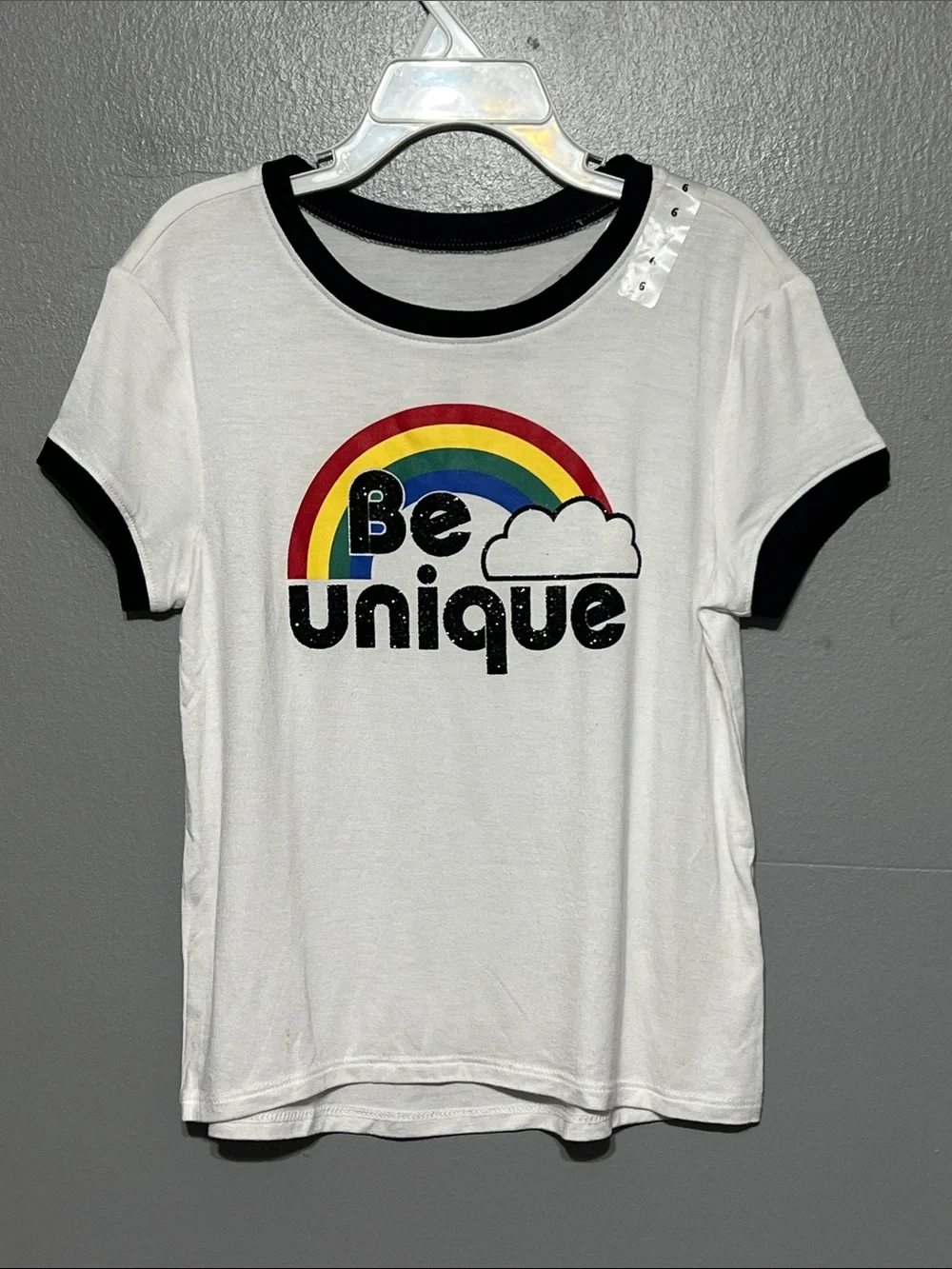 Justice Be Unique Rainbow Graphic Tee White Short Sleeve Crewneck Girl’s Size 6